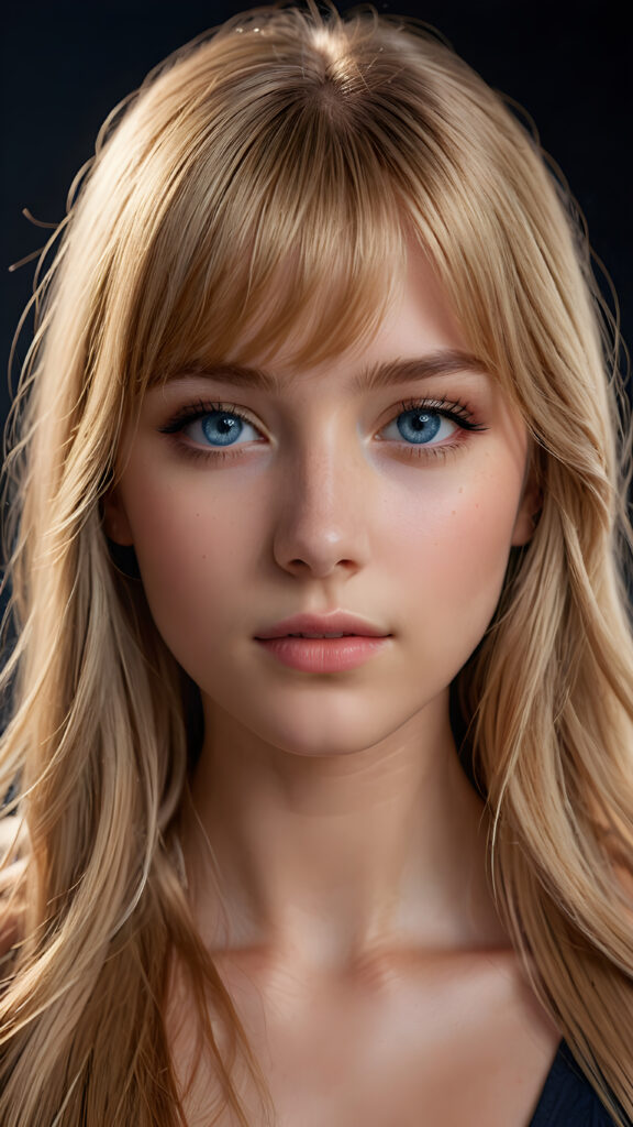 a young beautiful teen girl, dimmed light falls on her face, creating a peaceful, calm atmosphere. She has long blond straight bright hair in bangs cut and deep blue eyes ((realistic, detailed portrait)), dark background, perfect shadown