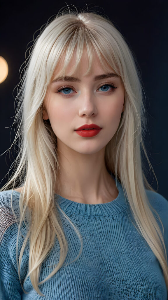 a young beautiful young Nordic girl, she has full red lips and her mouth is slightly open ready to kiss, white teeth, she has long (((detailed white straight hair in bangs cut))) (her hair falls on her shoulders), and (realistic light blue eyes), ((angelic face)), dark background, perfect shadows, weak light falls into the picture from the side, she wears a tight (((sweater in blue))), perfect curved body, she looks seductively at the viewer, flawless skin, ((side view)) ((ultra realistic photo)) ((stunning)) ((gorgeous)) ((4k))