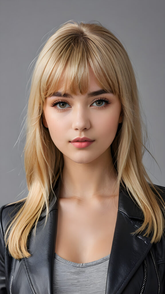 a young beautiful cute petite teen girl, perfect curved body, full lips, wears a black jacket, ((straight blond hair, bangs cut), ((stunning)) ((gorgeous)), ((grey background)) ((a drawing from points))