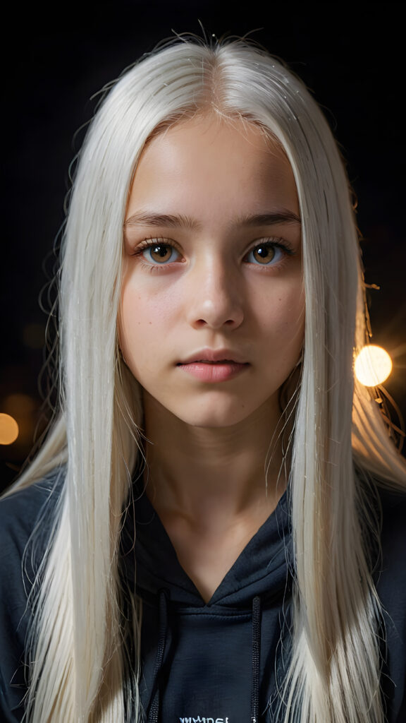 a young beautiful Exotic teen girl, 13 years old, dimmed light falls on her face, she has long (((platinum white straight hair))) and amber eyes, ((angelic round face)), ((realistic, detailed portrait)), dark background, perfect shadow, she wears a hoodie, looks tired at the viewer