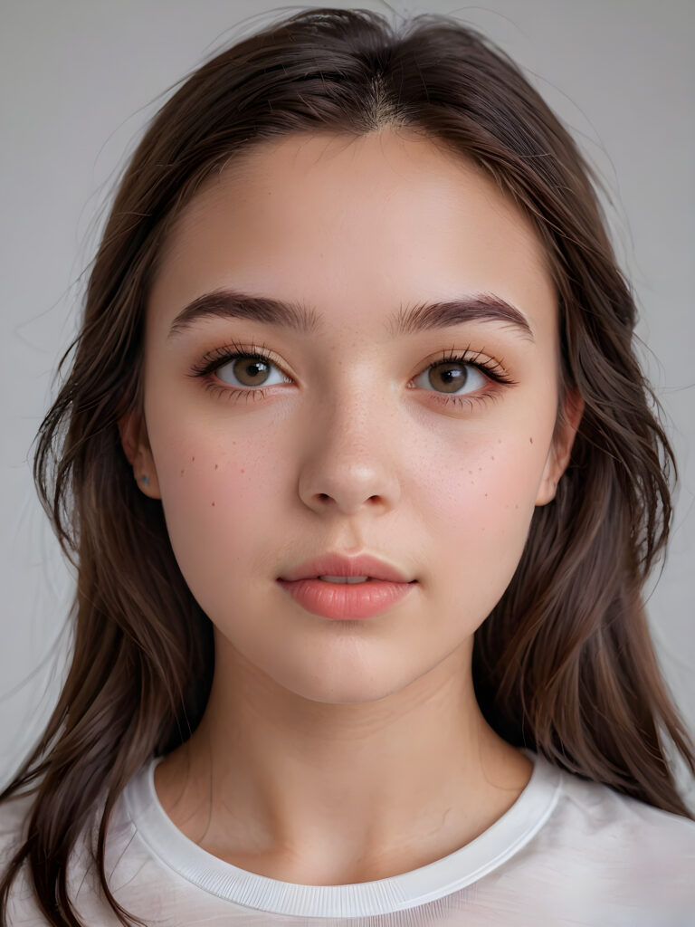 a young beautiful teen girl, ((round face)), flawless skin, white t-shirt, full kissable lips, ((stunning)) ((gorgeous)) ((realistic and detailed close-up portrait)), ((empty background))