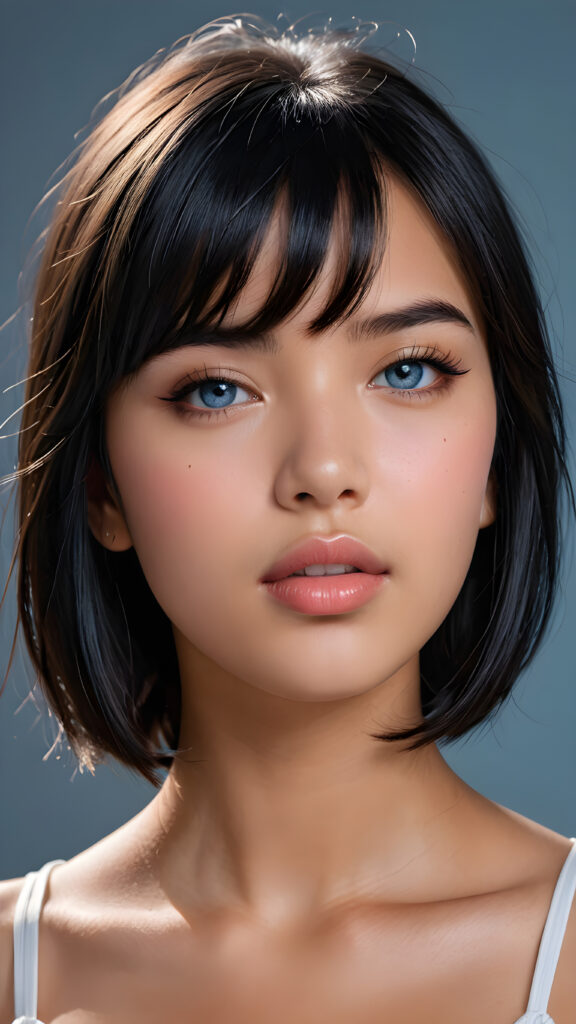 a young beautiful young girl, 14 years old, ((jet soft straight hair, bangs frame her face)), ((full natural lips)), (((mouth slightly open))), ((seductive look)), glossy shiny tanned skin, (realistic shiny round light blue eyes), (((angelic face))), black background, (perfect shadows), (weak light falls into the picture from the side), (perfect curved body), she looks seductively at the viewer, (flawless skin), ((side view)) ((ultra realistic photo)) ((stunning)) ((gorgeous)) ((4k)) ((upper body))