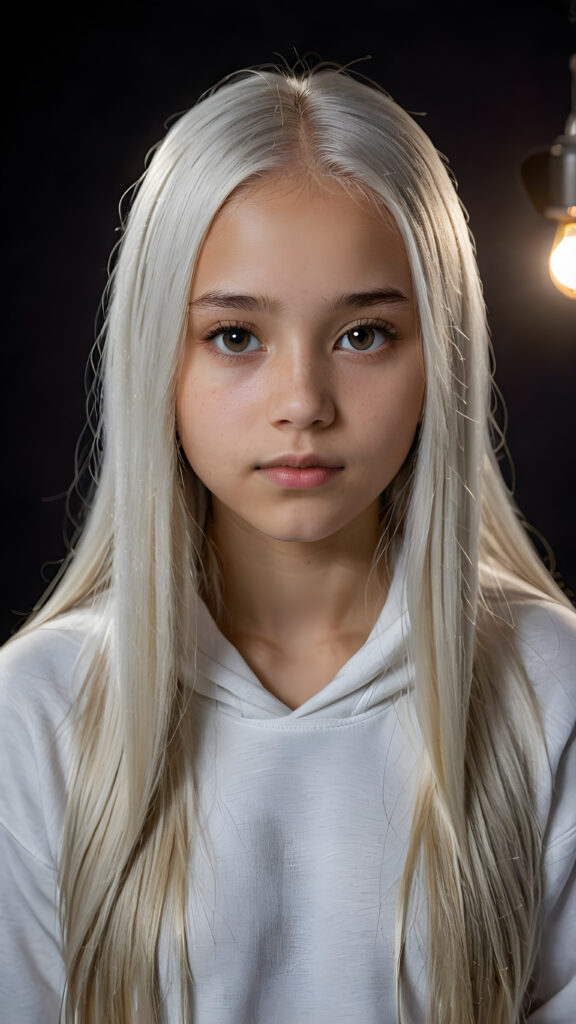 a young beautiful Exotic teen girl, 13 years old, dimmed light falls on her face, she has long (((platinum white straight hair))) and amber eyes, ((angelic round face)), ((realistic, detailed portrait)), dark background, perfect shadow, she wears a hoodie, looks tired at the viewer