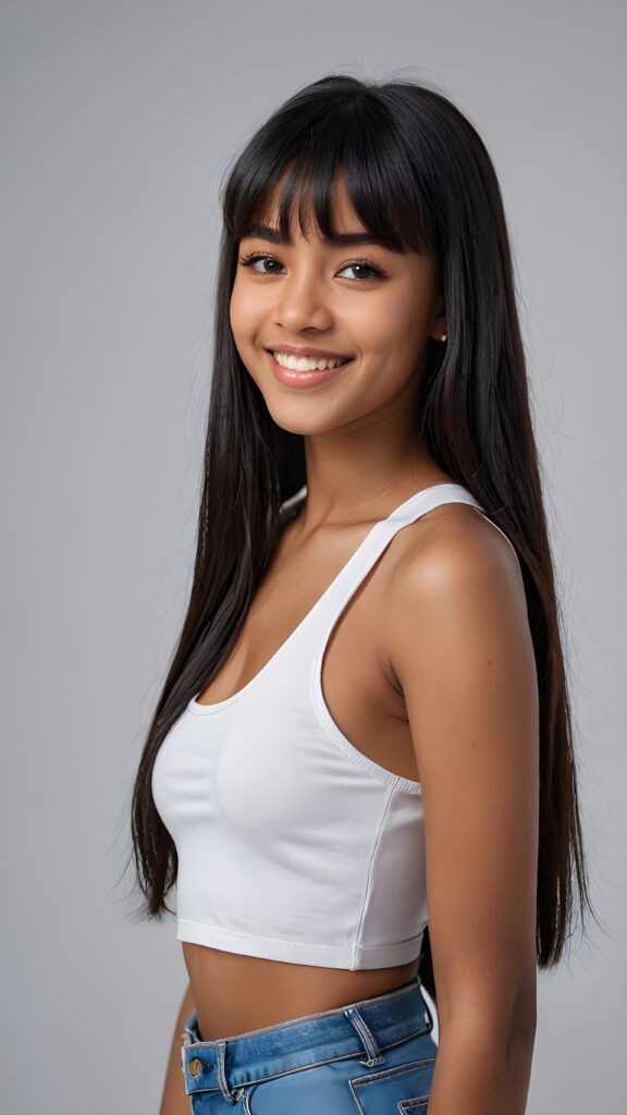 a young beautiful dark-skinned teen girl, (((straight long black hair, bangs cut))) (her hair falls on her shoulders), and (realistic dark blue eyes), ((angelic round face)), perfect shadows, white teeth, she wears (a ((tight crop top))), perfect curved fit body, upper body, grey background, ((stunning)) ((gorgeous)) ((4k)) ((artistically designed portrait))