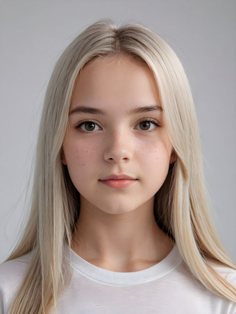 a young beautiful teen girl, 13 years old, ((round face)), flawless skin, white t-shirt, ((straight jet white long hair)), ((stunning)) ((gorgeous)) ((realistic and detailed close-up portrait)), ((empty background))