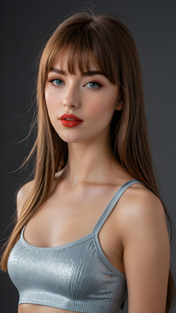 a young beautiful young girl, she has full red lips and her mouth is slightly open ready to kiss, she has long (((detailed +attribut straight hair in bangs cut))) (her hair falls on her shoulders), and (realistic light blue eyes), ((angelic face)), black background, perfect shadows, weak light falls into the picture from the side, she wears a tight (((grey crop top))), perfect curved body, she looks seductively at the viewer, flawless skin, ((side view)) ((ultra realistic photo)) ((stunning)) ((gorgeous)) ((4k)), full body