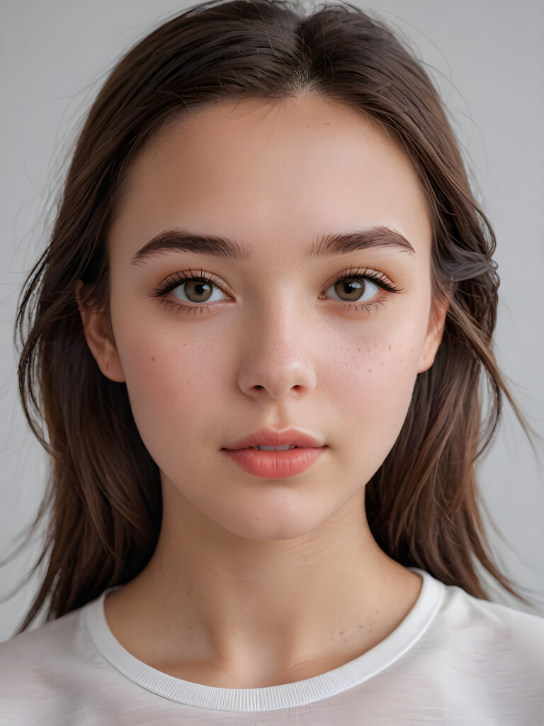 a young beautiful teen girl, ((round face)), flawless skin, white t-shirt, full kissable lips, ((stunning)) ((gorgeous)) ((realistic and detailed close-up portrait)), ((empty background))