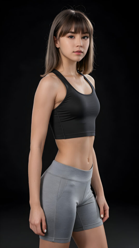 a young beautiful teen girl, perfect curved body, fit body, weak, dimmed light, ((straight hair, bangs cut), ((stunning)) ((gorgeous)), ((black background)), ((grey short and tight sport crop top)) ((grey short pants)) ((side view))