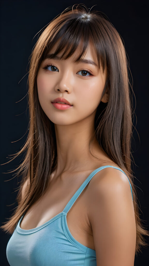 a young beautiful Asian teen girl, she has full lips and her mouth is slightly open ready to kiss, she has long (((detailed straight shoulder-length hair, bangs that are parted to the side))), and (realistic light blue eyes), ((angelic face)), dark background, perfect shadows, weak light falls into the picture from the side, she wears a tight (((crop top))), perfect curved body, she looks seductively at the viewer, flawless skin, white teeth, ((side view)) ((ultra realistic photo)) ((stunning)) ((gorgeous)) ((4k)) ((upper body))