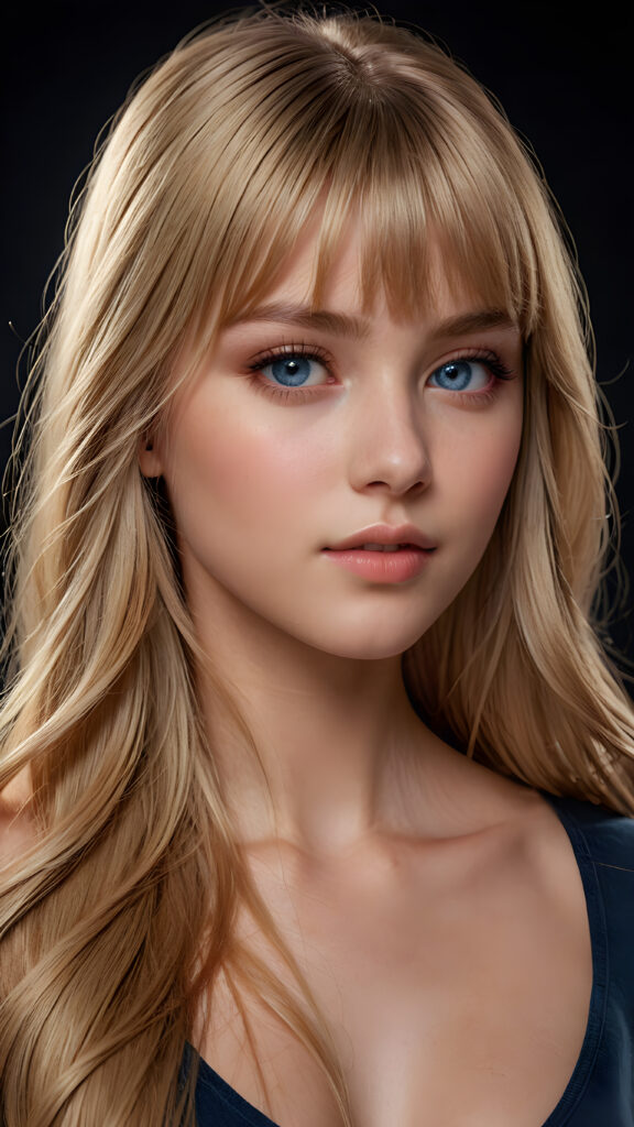 a young beautiful teen girl, dimmed light falls on her face, creating a peaceful, calm atmosphere. She has long blond straight bright hair in bangs cut and deep blue eyes ((realistic, detailed portrait)), dark background, perfect shadown