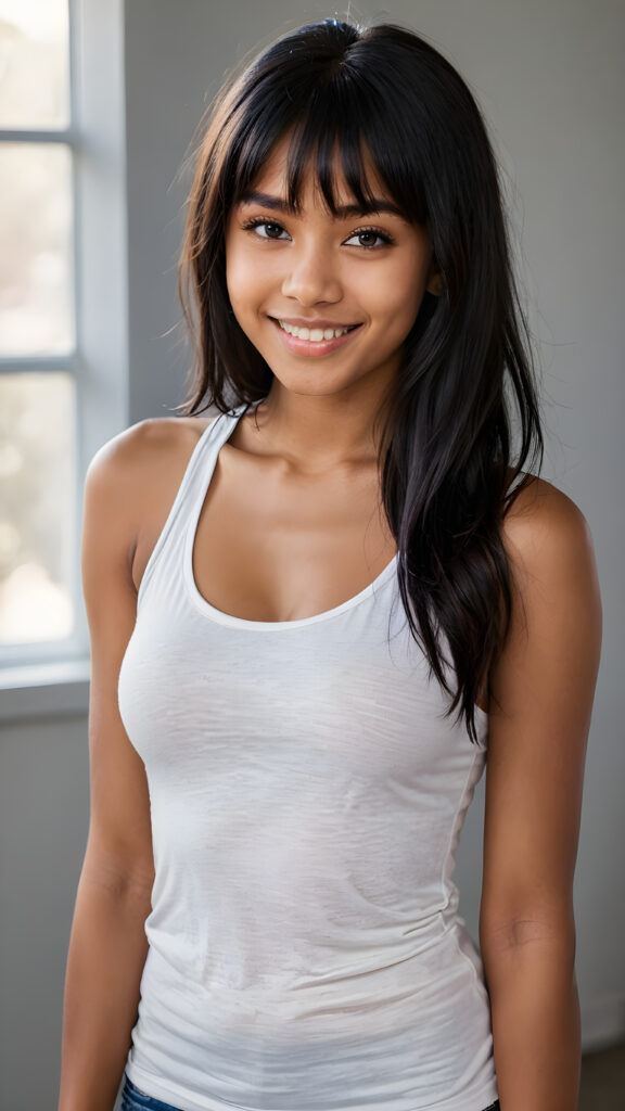 a young beautiful dark-skinned teen girl, warm smile, dimmed light falls on her, she has (((straight long black hair, bangs cut))) (her hair falls on her shoulders), ((angelic round face)), perfect shadows, white teeth, she wears (a ((tight tank top))), perfect curved fit body, upper body, flawless skin, grey background, ((stunning)) ((gorgeous)) ((4k)) ((artistically designed portrait))