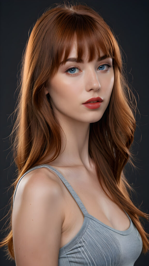 a young beautiful young girl, she has full red lips and her mouth is slightly open ready to kiss, she has long (((detailed +attribut straight hair in bangs cut))) (her hair falls on her shoulders), and (realistic light blue eyes), ((angelic face)), black background, perfect shadows, weak light falls into the picture from the side, she wears a tight (((grey crop top))), perfect curved body, she looks seductively at the viewer, flawless skin, ((side view)) ((ultra realistic photo)) ((stunning)) ((gorgeous)) ((4k)), full body