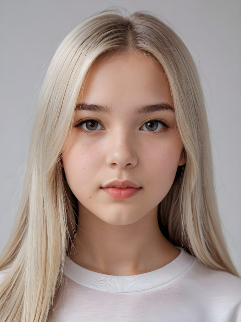 a young beautiful teen girl, 13 years old, ((round face)), flawless skin, white t-shirt, ((straight jet white long hair)), ((stunning)) ((gorgeous)) ((realistic and detailed close-up portrait)), ((empty background))