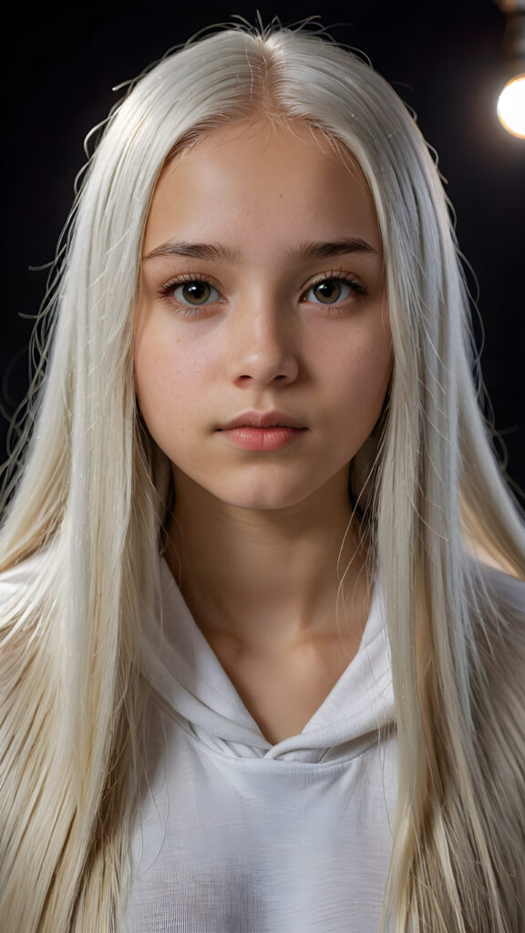 a young beautiful Exotic teen girl, 13 years old, dimmed light falls on her face, she has long (((platinum white straight hair))) and amber eyes, ((angelic round face)), ((realistic, detailed portrait)), dark background, perfect shadow, she wears a hoodie, looks tired at the viewer