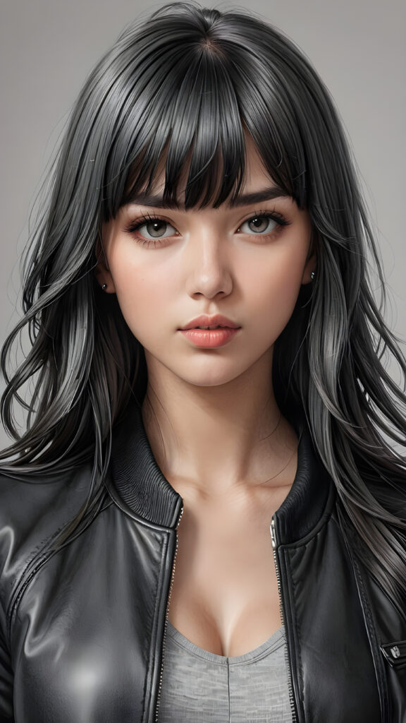 a young beautiful teen girl, perfect curved body, realistic detailed hair, fit body, full lips, crop black jacket, ((straight hair, bangs cut), ((stunning)) ((gorgeous)) ((detailed upper body portrait)), ((grey background)) ((a charcoal pencil drawing by hand))