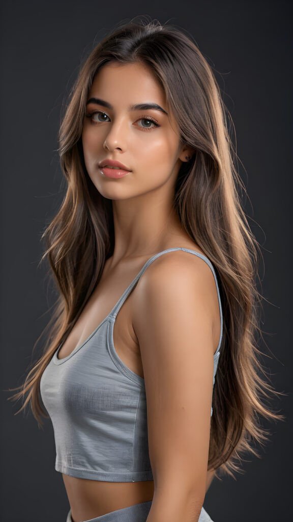 a young beautiful young girl, she has full lips and her mouth is slightly open ready to kiss, she has long (((detailed straight hair))) (her hair falls on her shoulders), and (realistic light blue eyes), ((angelic face)), black background, perfect shadows, weak light falls into the picture from the side, she wears a tight (((grey crop top))), perfect curved body, she looks seductively at the viewer, flawless skin, ((side view)) ((ultra realistic photo)) ((stunning)) ((gorgeous)) ((4k))