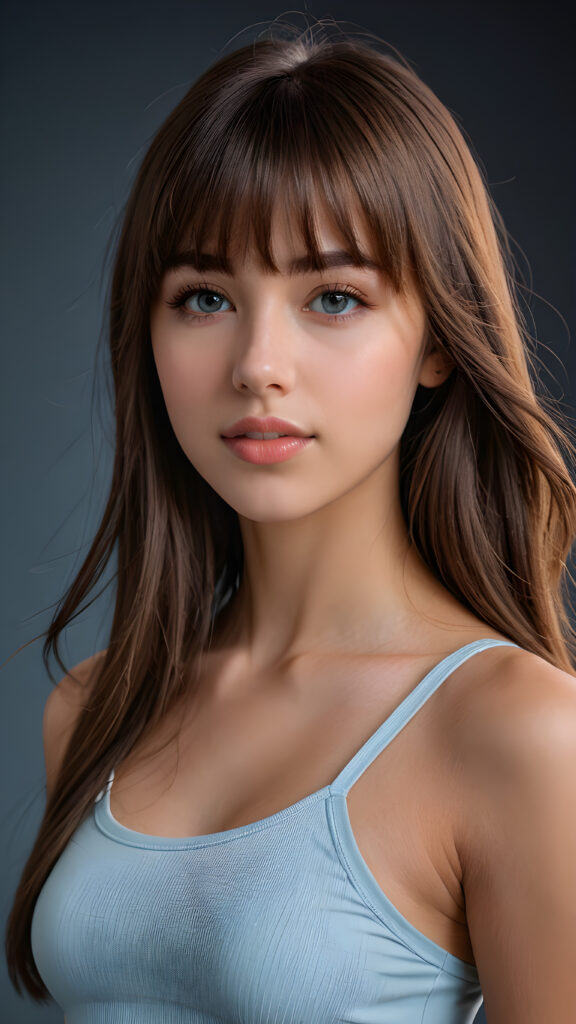 a young beautiful teen girl, she has full lips and her mouth is slightly open ready to kiss, she has long (((detailed brown straight shoulder-length hair, bangs that are parted to the side))), and (realistic light blue eyes), ((angelic face)), dark background, perfect shadows, weak light falls into the picture from the side, she wears a tight (((crop top in black))), perfect curved body, she looks seductively at the viewer, flawless skin, white teeth, ((side view)) ((ultra realistic photo)) ((stunning)) ((gorgeous)) ((4k)) ((upper body))