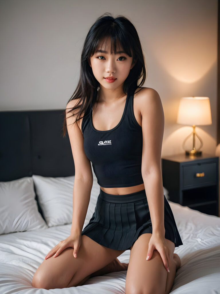 a young beautiful cute teen Asian girl, is kneeling on the bed, straight long weavy black hair in bangs cut, she is very happy, perfect curved fit body, dressed in a body-hugging manner, short crop sport tank top and short mini skirt, she looks seductive, full lips, perfect shadows, cinematic lights, ((stunning)) ((gorgeous)) ((realistic detailed photo)) ((front view))