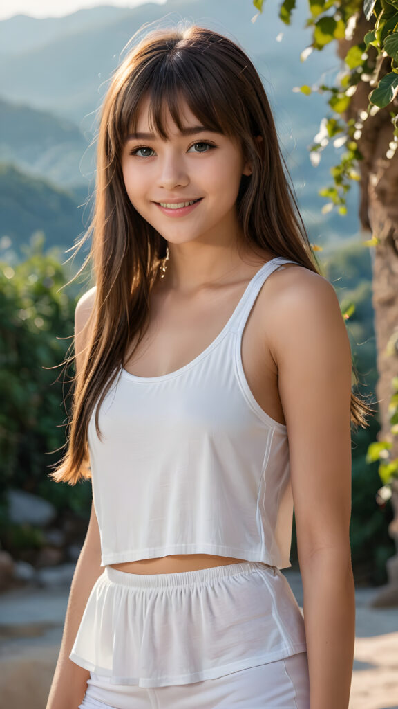 a young beautiful cute petite fit daemonic teen girl, 13 years old, warm smile, dimmed light falls on her, she has long (((straight long hair, bangs cut))) (her hair falls on her shoulders), and (realistic dark blue eyes), ((angelic round face)), in a dreamy, perfect shadows, she wears (a ((white tight crop tank top))), perfect curved fit body, she looks seductively at the viewer and smiles slightly, upper body, flawless skin, light background, ((side profile)) ((ultra realistic photo)) ((stunning)) ((gorgeous)) ((4k))