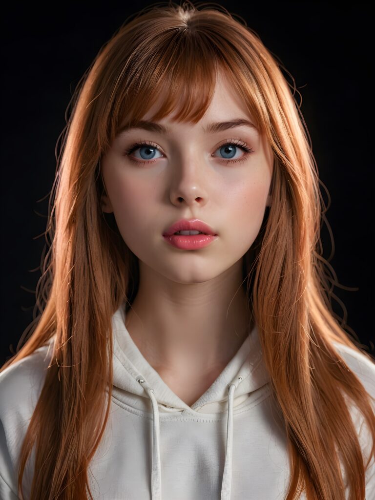 a young beautiful teen girl, 15 years old, dimmed light falls on her face, she has long (((auburn straight bright hair))) in bangs cut and deep blue eyes, ((angelic round face)), ((realistic, detailed portrait)), dark background, perfect shadown, (((pink lips))), she wears a white hoodie, looks tired at the viewer