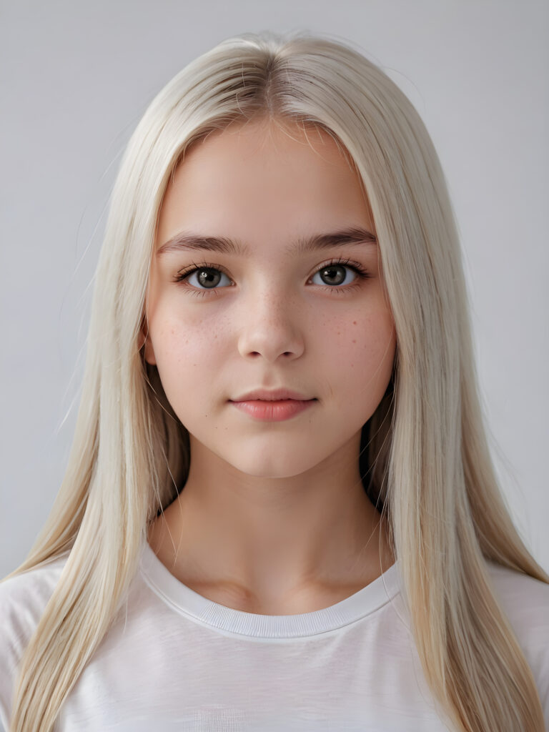 a young beautiful teen girl, 13 years old, ((round face)), flawless skin, white t-shirt, ((straight jet white long hair)), ((stunning)) ((gorgeous)) ((realistic and detailed close-up portrait)), ((empty background))