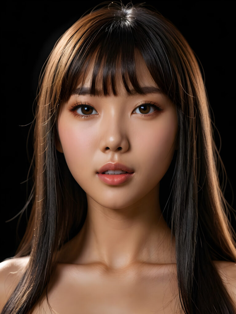 a young beautiful young little Chinese teenage girl, ((long straight jet hair, bangs)), ((full lips)), (((mouth slightly open))), ((seductive look)), tanned skin, (realistic shiny round light brown eyes), (((angelic face))), black background, (perfect shadows), (weak light falls into the picture from the side), (perfect curved body), she looks seductively at the viewer, (flawless skin), ((side view)) ((ultra realistic photo)) ((stunning)) ((gorgeous)) ((4k)) ((upper body)) ((close up))