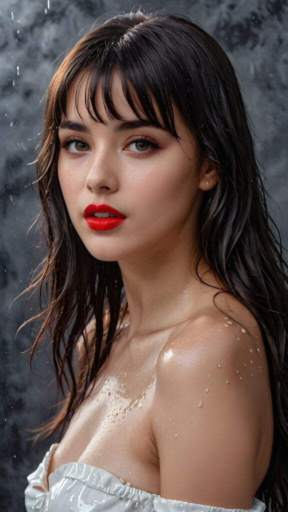 a young beautiful girl, wearing a large, she has (full red lips) and her mouth is slightly open, she has long (((detailed straight wet shoulder-length dark hair, bangs that are parted to the side))), and (realistic dark eyes), ((angelic face)), ((grey background)), perfect shadows, weak light falls into the picture from the side, perfect curved body, she looks seductively at the viewer, flawless skin, white teeth, ((side view)) ((ultra realistic photo)) ((stunning)) ((gorgeous)) ((4k)) ((upper body))