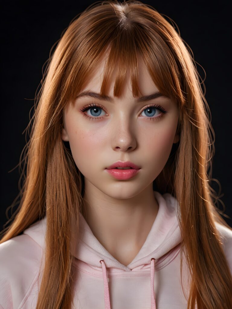 a young beautiful teen girl, 15 years old, dimmed light falls on her face, she has long (((auburn straight bright hair))) in bangs cut and deep blue eyes, ((angelic round face)), ((realistic, detailed portrait)), dark background, perfect shadown, (((pink lips))), she wears a white hoodie, looks tired at the viewer