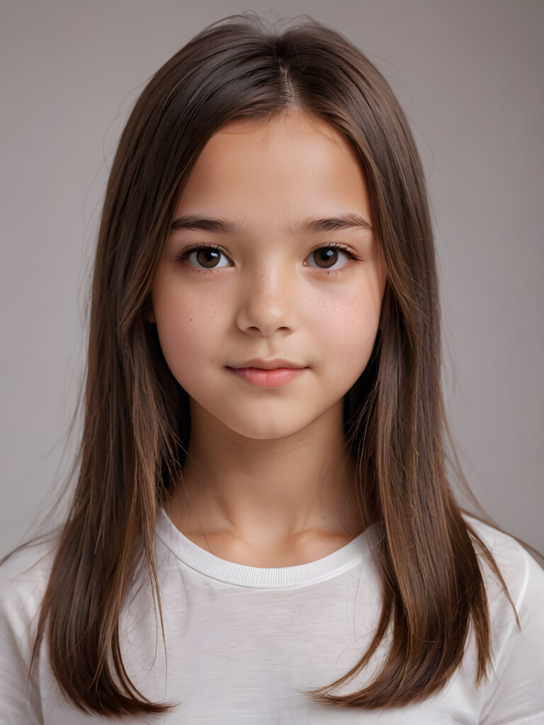 a young beautiful cute girl, 11 years old, ((round face)), flawless skin, white t-shirt, ((straight jet brown long hair)), ((stunning)) ((gorgeous)) ((realistic and detailed close-up portrait)), ((empty background))