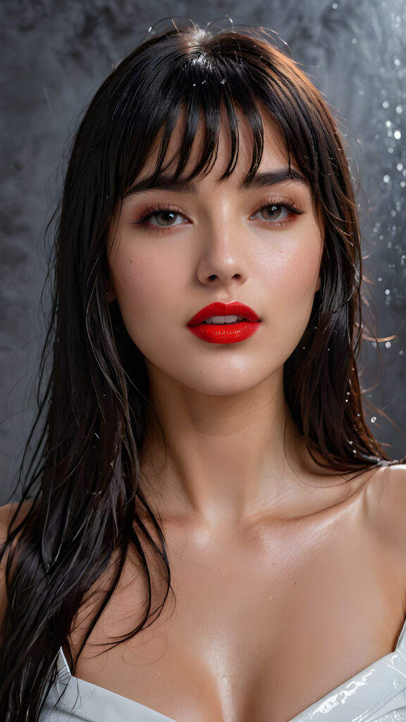 a young beautiful girl, wearing a large, she has (full red lips) and her mouth is slightly open, she has long (((detailed straight wet shoulder-length dark hair, bangs that are parted to the side))), and (realistic dark eyes), ((angelic face)), ((grey background)), perfect shadows, weak light falls into the picture from the side, perfect curved body, she looks seductively at the viewer, flawless skin, white teeth, ((side view)) ((ultra realistic photo)) ((stunning)) ((gorgeous)) ((4k)) ((upper body))