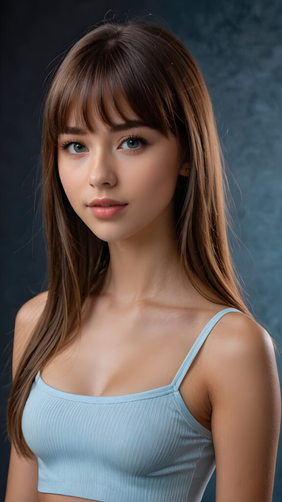 a young beautiful teen girl, she has full lips and her mouth is slightly open ready to kiss, she has long (((detailed brown straight shoulder-length hair, bangs that are parted to the side))), and (realistic light blue eyes), ((angelic face)), dark background, perfect shadows, weak light falls into the picture from the side, she wears a tight (((crop top in black))), perfect curved body, she looks seductively at the viewer, flawless skin, white teeth, ((side view)) ((ultra realistic photo)) ((stunning)) ((gorgeous)) ((4k)) ((upper body))