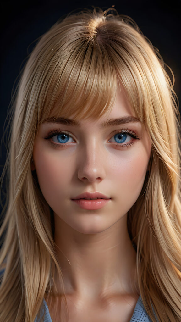 a young beautiful teen girl, dimmed light falls on her face, creating a peaceful, calm atmosphere. She has long blond straight bright hair in bangs cut and deep blue eyes ((realistic, detailed portrait)), dark background, perfect shadown