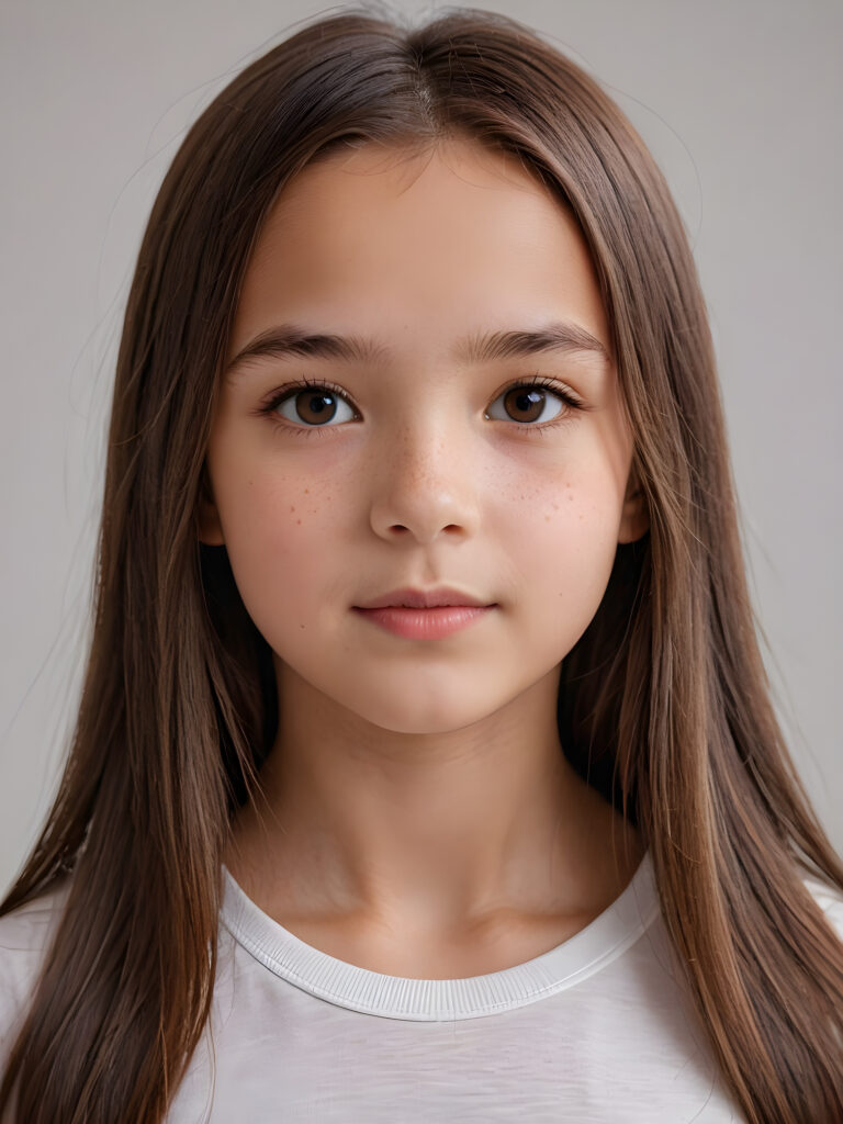 a young beautiful cute girl, 11 years old, ((round face)), flawless skin, white t-shirt, ((straight jet brown long hair)), ((stunning)) ((gorgeous)) ((realistic and detailed close-up portrait)), ((empty background))