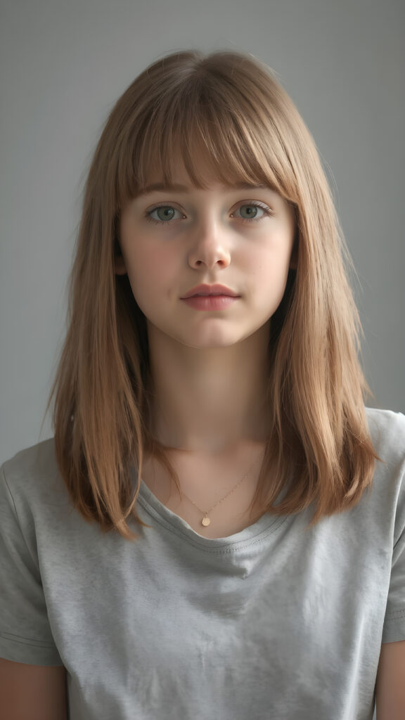 a young beautiful tanned cute teen girl, ((straight soft shoulder-long light brown hair in bangs cut)), grey background, ((stunning)) ((gorgeous)) ((4k)) ((realistic detailed portrait, upper body, 1:4))), she wears a plain, short thin t-shirt