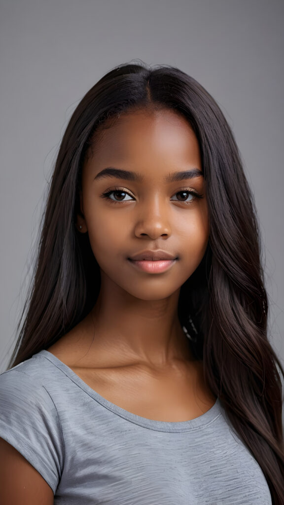 a young beautiful dark-skinned cute teen girl, straight hair, grey background, ((stunning)) ((gorgeous)) ((4k)) ((realistic detailed photo))