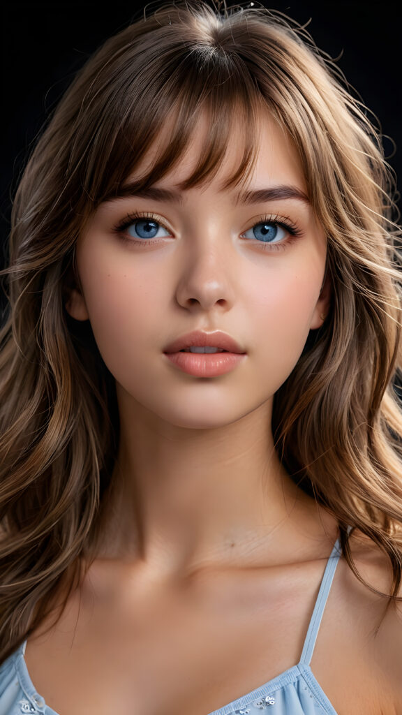 a young beautiful young girl, 14 years old, ((jet soft straight hair, bangs frame her face)), ((full natural lips)), (((mouth slightly open))), ((seductive look)), glossy shiny tanned skin, (realistic shiny round light blue eyes), (((angelic face))), black background, (perfect shadows), (weak light falls into the picture from the side), (perfect curved body), she looks seductively at the viewer, (flawless skin), ((side view)) ((ultra realistic photo)) ((stunning)) ((gorgeous)) ((4k)) ((upper body))