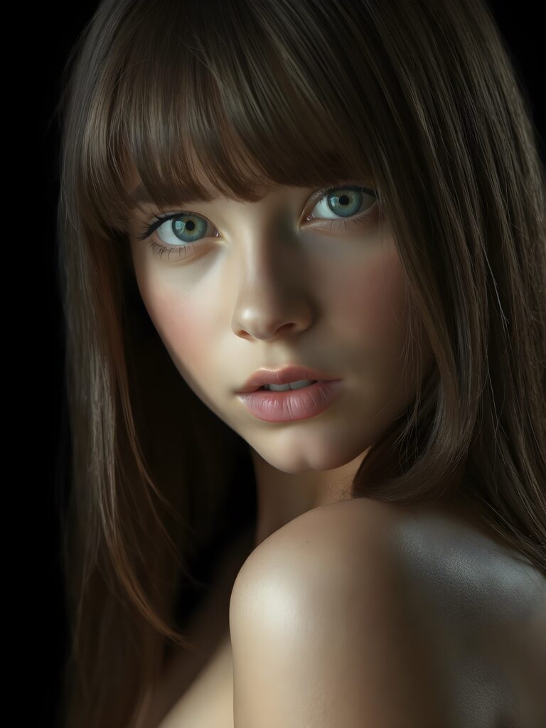 a young beautiful young girl, 14 years old, ((jet soft straight hair, bangs frame her face)), ((full natural lips)), (((mouth slightly open))), ((seductive look)), glossy shiny tanned skin, (realistic shiny round light blue eyes), (((angelic face))), black background, (perfect shadows), (light falls into the picture from the side), (perfect curved body), she looks seductively at the viewer, (flawless skin), ((side view)) ((ultra realistic photo)) ((stunning)) ((gorgeous)) ((4k)) ((upper body))