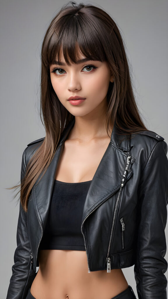 a young beautiful teen girl, perfect curved body, full lips, crop black jacket, ((straight hair, bangs cut), ((stunning)) ((gorgeous)), ((grey background)) ((a figure drawing))