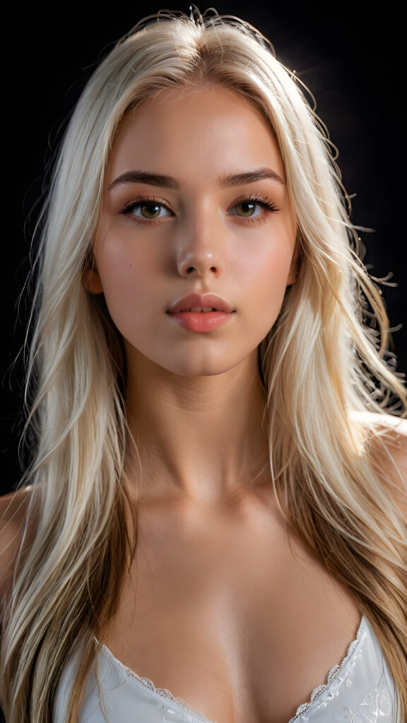 a young beautiful young teenage girl, ((white long straight jet soft hair)), ((full lips)), (((mouth slightly open))), ((seductive look)), glossy shiny skin, (realistic amber eyes), (((angelic face))), black background, (perfect shadows), (weak light falls into the picture from the side), (perfect curved body), she looks seductively at the viewer, (flawless tanned skin), ((side view)) ((ultra realistic photo)) ((stunning)) ((gorgeous)) ((4k)) ((upper body))