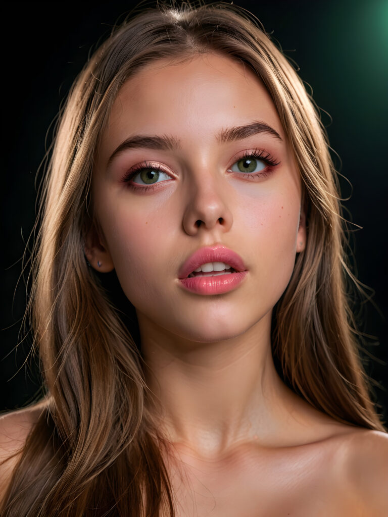 a young beautiful young little teenage girl, ((light brown long straight jet hair)), ((full pink lips)), (((mouth slightly open))), ((seductive look)), tanned skin, (realistic shiny round light green eyes), (((angelic face))), black background, (perfect shadows), (weak light falls into the picture from the side), (perfect curved body), she looks seductively at the viewer, (flawless skin), ((side view)) ((ultra realistic photo)) ((stunning)) ((gorgeous)) ((4k)) ((upper body)) ((close up))