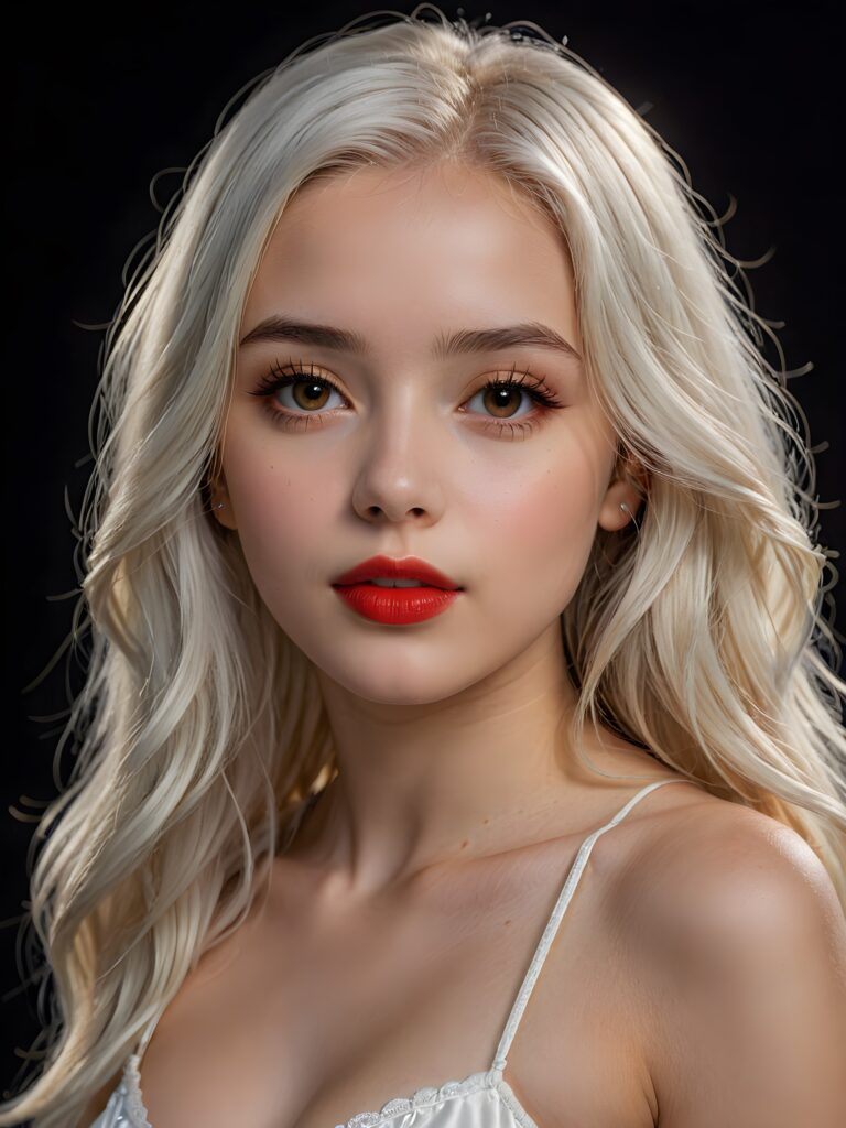 a young beautiful young girl, 16 years old, her mouth is slightly open ready to kiss, ((full red lips)), she has (((detailed long jet straight soft white hair))), and (realistic amber light eyes), ((angelic face)), black background, perfect shadows, weak light falls into the picture, perfect curved body, wears a cropped tank top, she looks seductively at the viewer, flawless skin, ((side view)) ((ultra realistic photo)) ((stunning)) ((gorgeous)) ((4k))