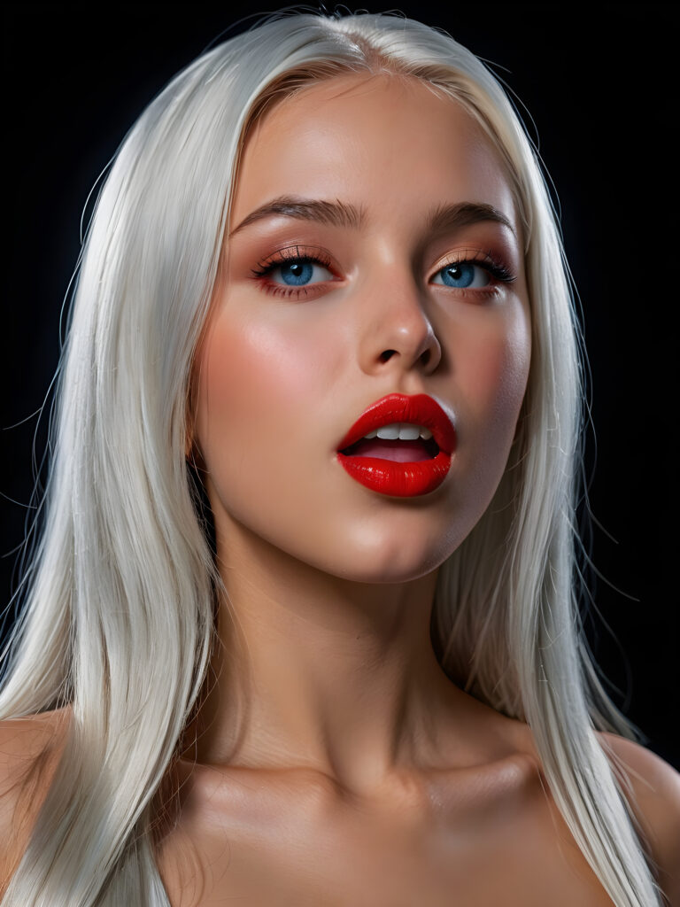 a young beautiful young little teenage girl, ((white long straight jet hair)), ((full red lips)), (((mouth slightly open))), ((seductive look)), glossy shiny tanned skin, (realistic shiny round light blue eyes), (((angelic face))), black background, (perfect shadows), (weak light falls into the picture from the side), (perfect curved body), she looks seductively at the viewer, (flawless skin), ((side view)) ((ultra realistic photo)) ((stunning)) ((gorgeous)) ((4k)) ((upper body)) ((close up))