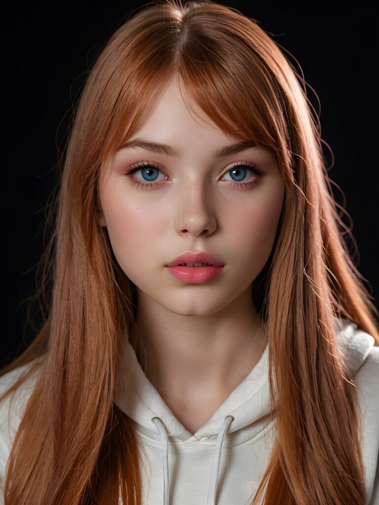 a young beautiful teen girl, 15 years old, dimmed light falls on her face, she has long (((auburn straight bright hair))) in bangs cut and deep blue eyes, ((angelic round face)), ((realistic, detailed portrait)), dark background, perfect shadown, (((pink lips))), she wears a white hoodie, looks tired at the viewer