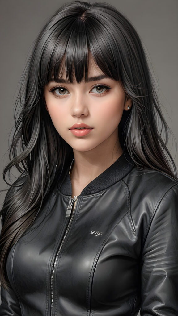 a young beautiful teen girl, perfect curved body, realistic detailed hair, fit body, full lips, crop black jacket, ((straight hair, bangs cut), ((stunning)) ((gorgeous)) ((detailed upper body portrait)), ((grey background)) ((a charcoal pencil drawing by hand))