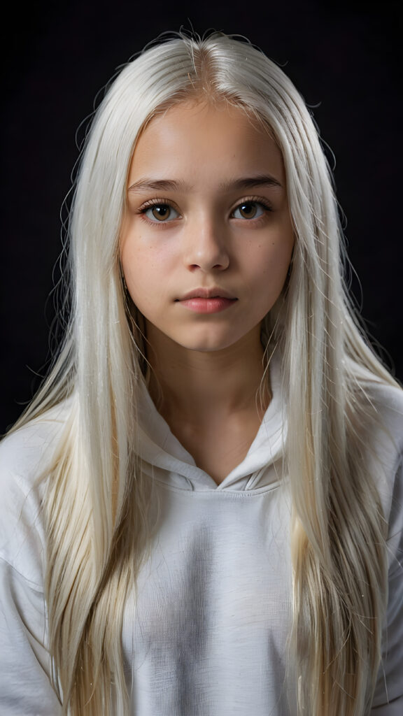 a young beautiful Exotic teen girl, 13 years old, dimmed light falls on her face, she has long (((platinum white straight hair))) and amber eyes, ((angelic round face)), ((realistic, detailed portrait)), dark background, perfect shadow, she wears a hoodie, looks tired at the viewer