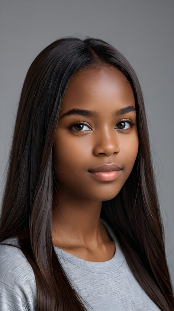 a young beautiful dark-skinned cute teen girl, straight hair, grey background, ((stunning)) ((gorgeous)) ((4k)) ((realistic detailed photo))