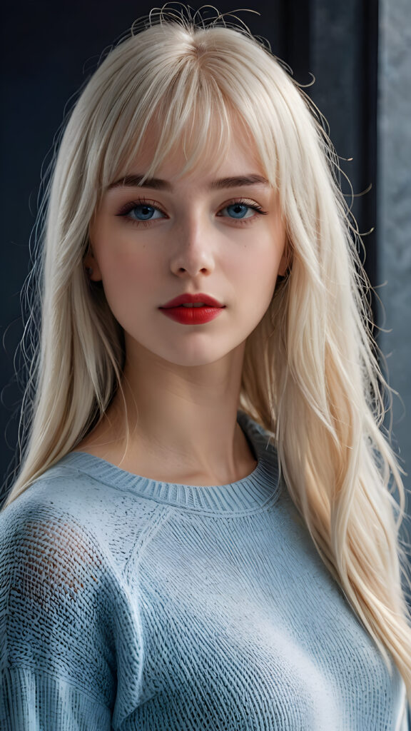 a young beautiful young Nordic girl, she has full red lips and her mouth is slightly open ready to kiss, white teeth, she has long (((detailed white straight hair in bangs cut))) (her hair falls on her shoulders), and (realistic light blue eyes), ((angelic face)), dark background, perfect shadows, weak light falls into the picture from the side, she wears a tight (((sweater in blue))), perfect curved body, she looks seductively at the viewer, flawless skin, ((side view)) ((ultra realistic photo)) ((stunning)) ((gorgeous)) ((4k))