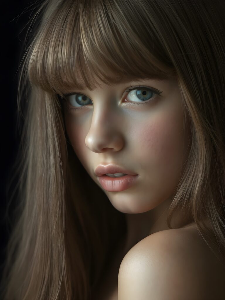 a young beautiful young girl, 14 years old, ((jet soft straight hair, bangs frame her face)), ((full natural lips)), (((mouth slightly open))), ((seductive look)), glossy shiny tanned skin, (realistic shiny round light blue eyes), (((angelic face))), black background, (perfect shadows), (light falls into the picture from the side), (perfect curved body), she looks seductively at the viewer, (flawless skin), ((side view)) ((ultra realistic photo)) ((stunning)) ((gorgeous)) ((4k)) ((upper body))