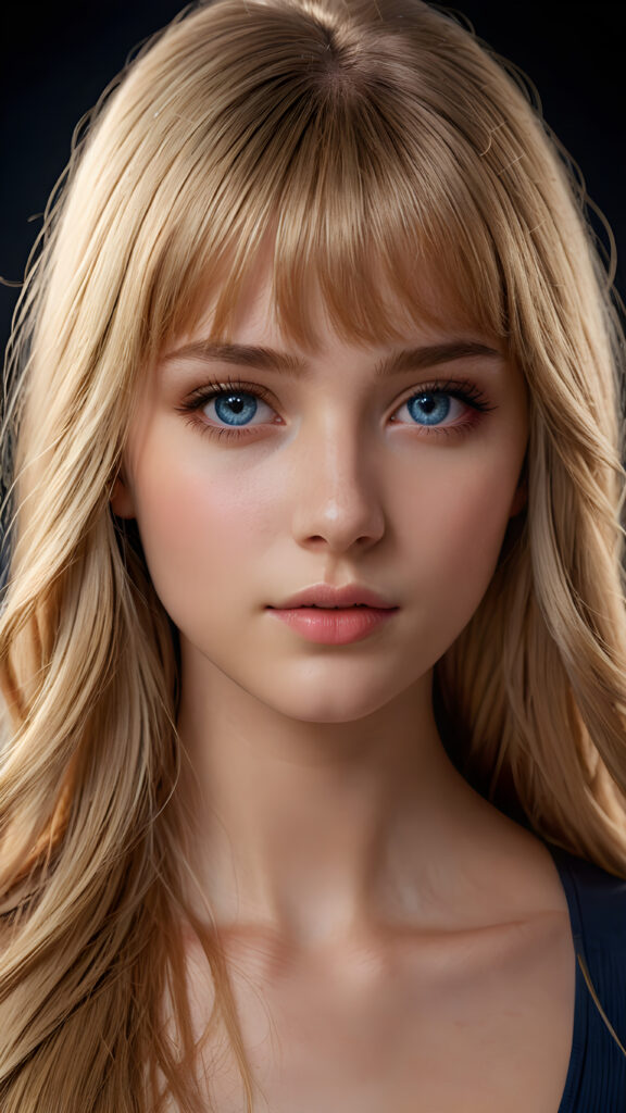 a young beautiful teen girl, dimmed light falls on her face, creating a peaceful, calm atmosphere. She has long blond straight bright hair in bangs cut and deep blue eyes ((realistic, detailed portrait)), dark background, perfect shadown