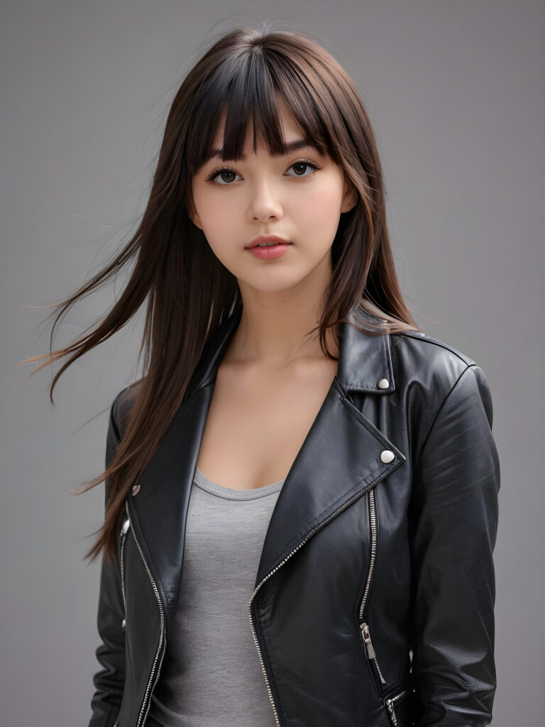 a young beautiful teen girl, perfect curved body, full lips, crop black jacket, ((straight hair, bangs cut), ((stunning)) ((gorgeous)), ((grey background)) ((a figure drawing))